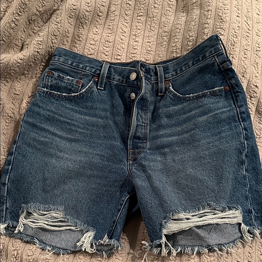 Levi's Dark Blue Jean Shorts with Frayed Hem